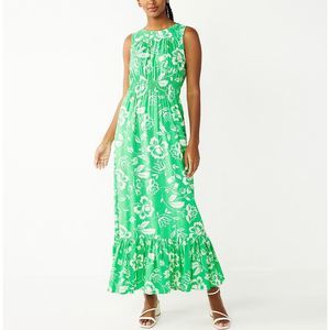 Draper James RSVP Linen Maxi Dress XL Green White Ruffle Flounce Hem Sleeveless